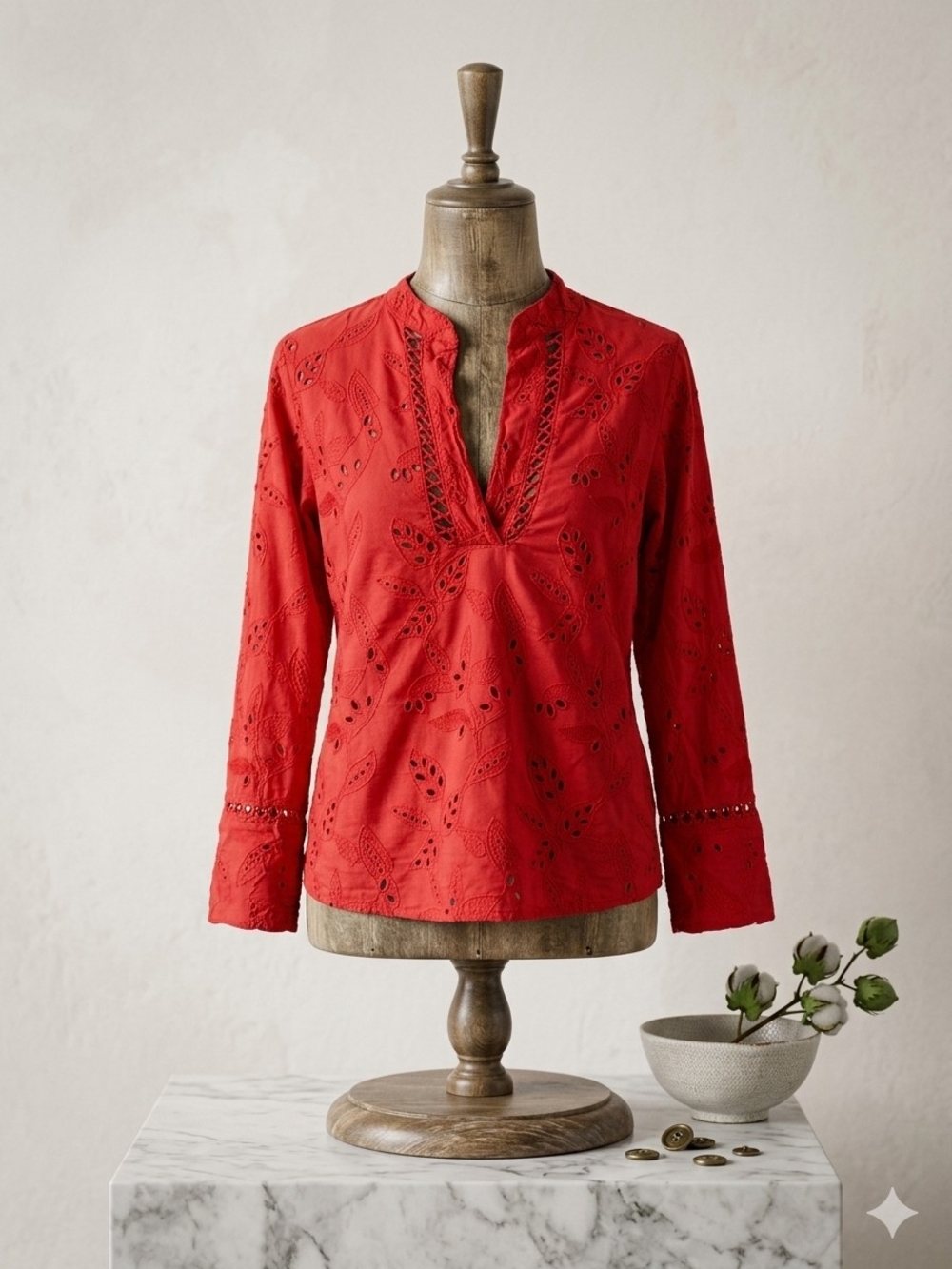 Red Eyelet V-Notch Tunic Top